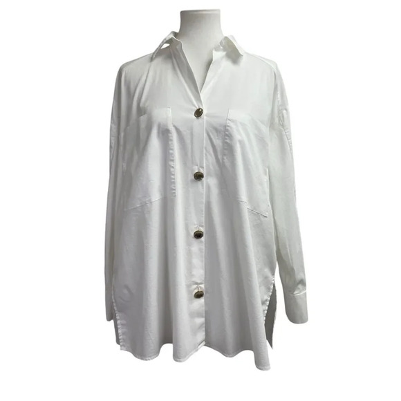 Magaschoni White Long Sleeve Blouse, size large. Gold buttons oversized top - Picture 6 of 15
